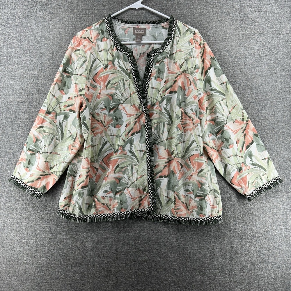 Chicos Open Front Fringe Cardigan Women Size 3 White Floral Linen Blend Casual